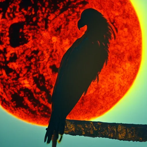 Image similar to red sun over the paradise when the wind is slow and the fire is hot the vulture waits to see what rots