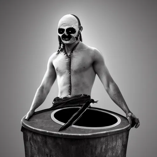 Prompt: A pirate with one eye, holding his eyeball, wearing a suit, dull facial expression, standing on a trash can, real photograph, intricate, sinister, Trending on Artstation, HQ, deviantart, art by artgem,