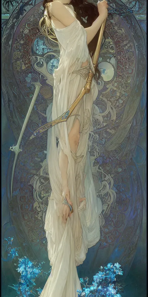 Image similar to Beautiful female wizard with blue rose robes wearing an intricate arcane makeup searching for her soul, digital art, art by Alphonse Mucha, Greg Rutkowski, Alex Ross, WLOP