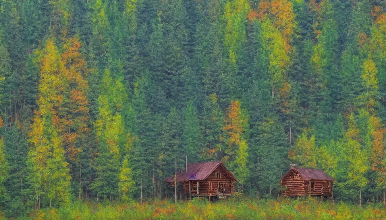 Prompt: a clearing in a forest with a cabin painted by Bob Ross