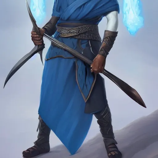 Image similar to blue-skinned 5e triton, wearing robes and holding a shark-tooth spear, naval background, fantasy, D&D 5e, 5th edition, portrait, piercing stare, highly detailed, digital painting, HD, artstation, concept art, matte, sharp focus, illustration, art by artgerm and greg rutkowski
