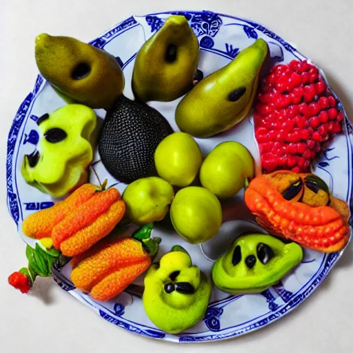 Prompt: a plate of various alien fruits