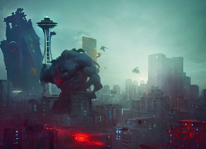 Prompt: seattle being attacked by a giant herculean demon, by beeple and maciej kuciara and greg rutkowski