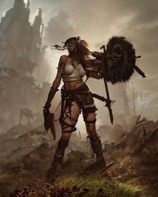 Prompt: hyper realistic photo of postapocalyptic barbarian warrior girl, full body, cinematic, artstation, cgsociety, greg rutkowski, james gurney, mignola, craig mullins, brom