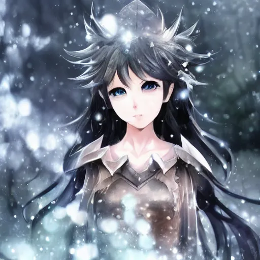 Prompt: focus face portrait of beautiful darkness 3D anime girl as knight, dark forest background, snowing, bokeh, inspired by Masami Kurumada, digital painting, high contrast, unreal engine render, volumetric lighting, high détail