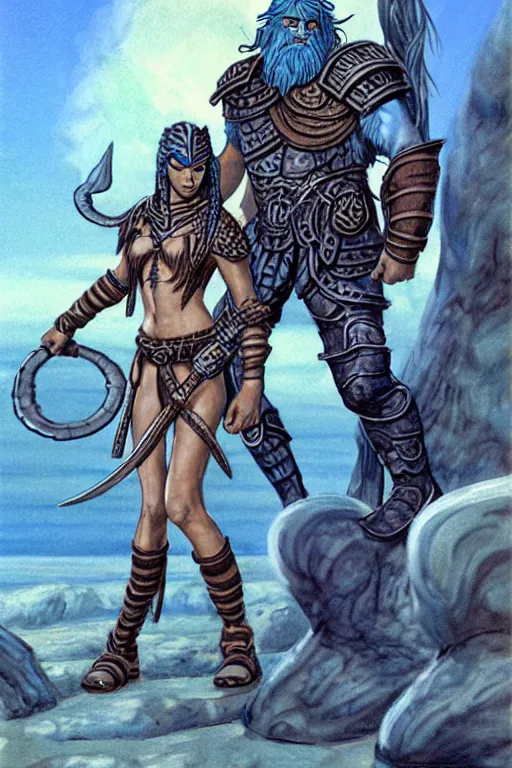 Image similar to a small blue-skinned triton girl wearing scale armor riding on a the shoulders of a large male goliath wearing fur and leather armor, dnd concept art, painting by Larry Elmore