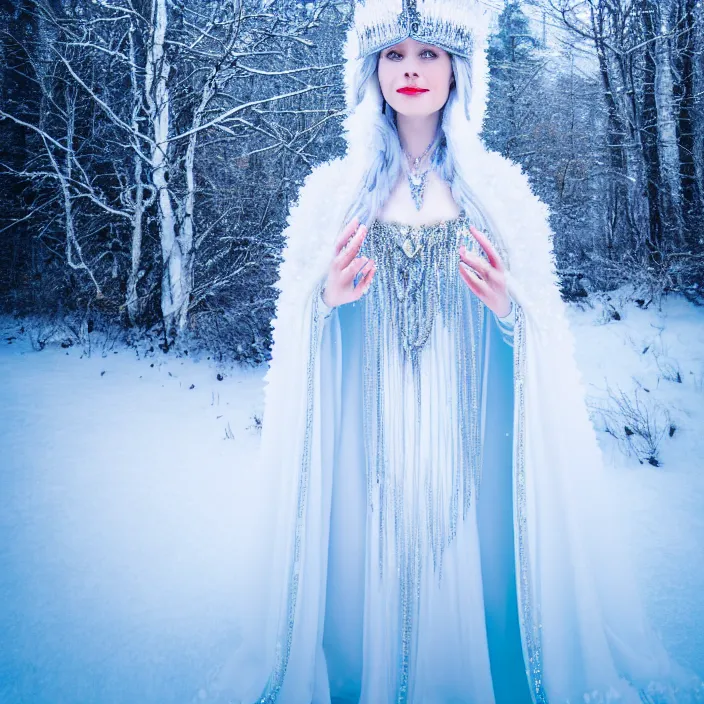 Prompt: photograph of a real-life beautiful ice queen with ornate white cloak and crown in an ethereal snowy landscape. Extremely detailed. 8k