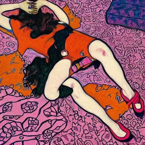 Image similar to rocker goth teen girl laying on the floor, writing on a journal. 1970s colorful psychedelic bedroom. Trippy. Mucha. Stylized. Egon schiele