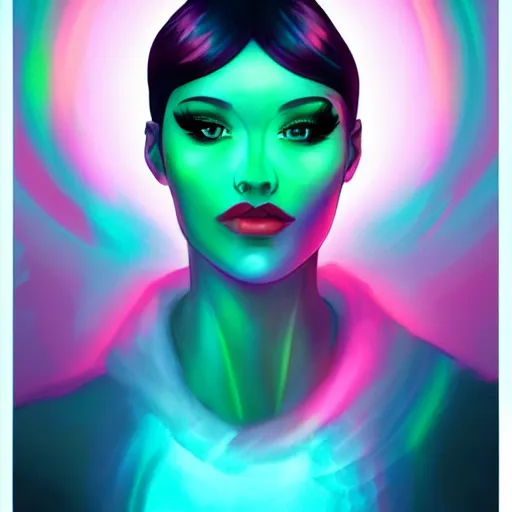 Image similar to portrait of a woman inspired by lois van baarle, iridescent, holographic, neon, natural, model, self - confidence, light make - up