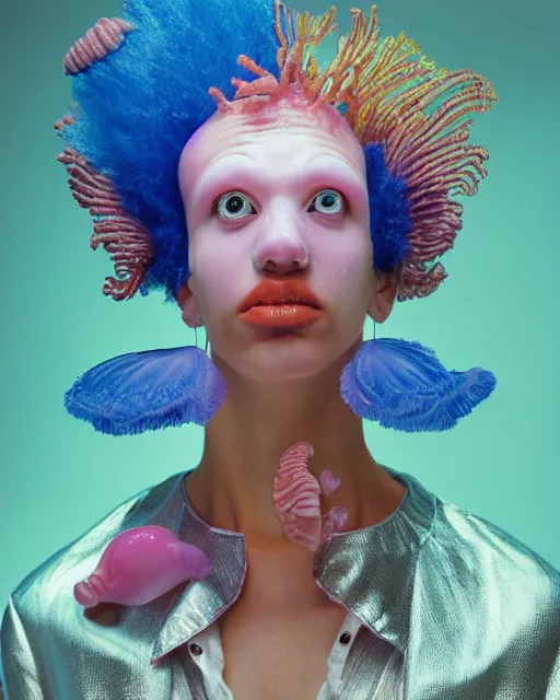 Image similar to natural light, soft focus portrait of a cyberpunk anthropomorphic clown fish with soft synthetic pink skin, blue bioluminescent plastics, smooth shiny metal, elaborate ornate head piece, piercings, skin textures, by annie leibovitz, paul lehr