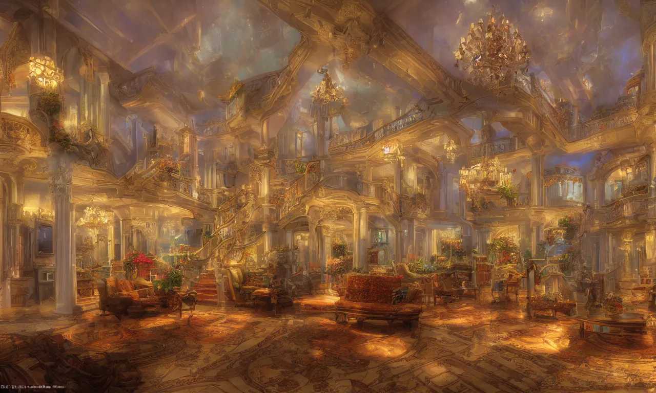 Prompt: interior architecture by Thomas Kinkade, trending on Artstation, 8K, ultra wide angle, pincushion lens effect