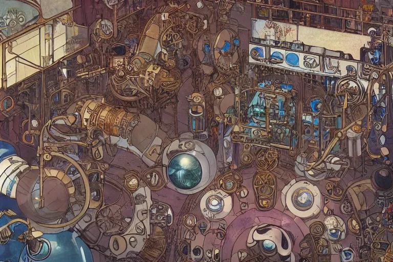 Prompt: top view on steampunk lab with big vapor tubes and alchemy equipment, kid and mad scientist working, giant video screens, sci - fi vending machine, clock, retrofuturism, concept art by mucha and moebius and victo ngai, clean line, diesel punk