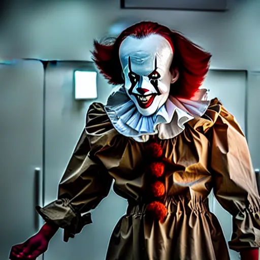 Prompt: a photograph of pennywise dressed as a doctor in a hospital, with a lab coat, with a stethoscope, hyperdetailed, intricate, dramatic, horror movie, movie still, 4 k realistic, volumetric lighting, sharp focus, american shot