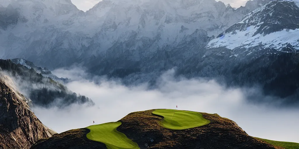 Image similar to a great photograph of the most amazing golf hole in the world, perfect light, over a cliff, in the swiss alps, high above treeline, ambient light, 5 0 mm, golf digest, top 1 0 0, fog