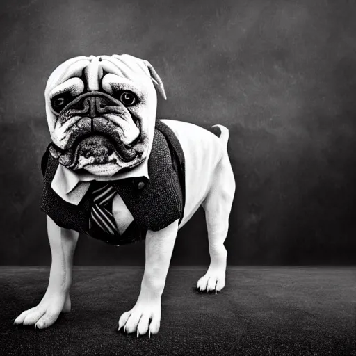 Image similar to a monster dog in a suit, nightmare, black and white