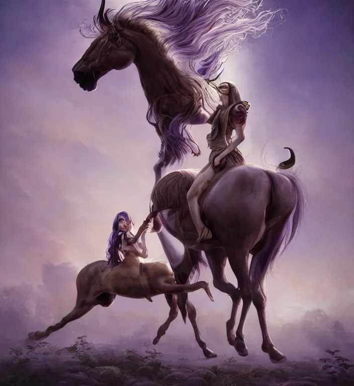 Prompt: a portrait of a beautiful elegant female centaur with a horn on the forehead and wings on her horse body and purple hair and elf ears, Ultra realistic! 25mm f/1.7 ASPH Lens backlit, strong rim light, highly detailed, digital painting, HDRI, by Alvaro Castagnet + Peter Mohrbacher + Dan Mumford + vivid colors + high contrast, 8k resolution, intricate, photorealistic, smooth