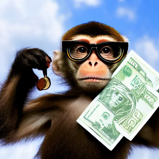 Prompt: Monkey wearing cool glasses and holding dollars, photo, 8k