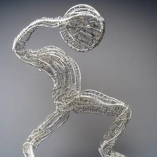 Image similar to pacman, wire sculpture, realistic silver metal wire sculpture, detailed and intricate