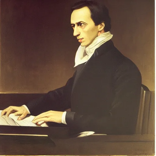 Prompt: portrait of the pianist frederic chopin in the style of pietro annigoni, 1 9 5 5, oil on canvas, national portrait gallery