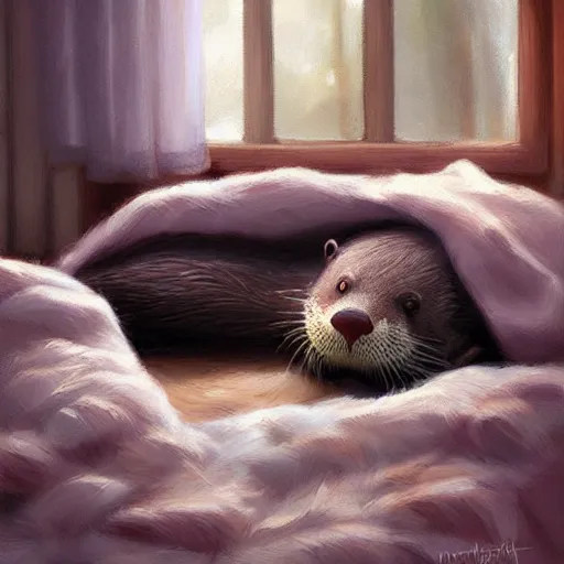 Image similar to a cute otter sleeping with blankets. soft, atmospheric, warm lighting. highly detailed digital painting by mandy jurgens.