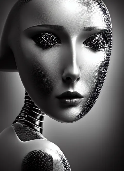 Image similar to surreal mythical dreamy dark artistic black and white fine art fashion portrait photo of a young beautiful delicate female metropolis robot kissing her mirror reflection, spiritual, halo, glory, rim light, cinematic, studio dramatic light, poetic, masterpiece, octane render, 8 k, photo - realistic by dora maar man ray