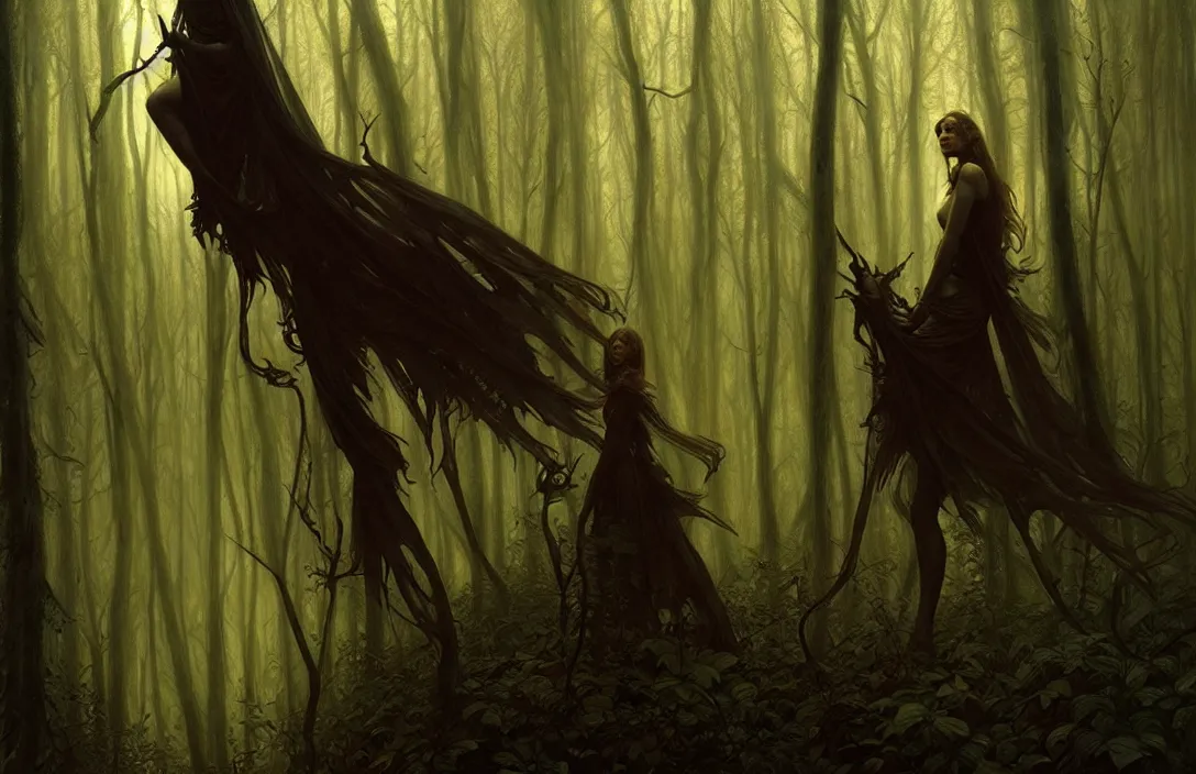 Image similar to inside a dark horror forest, heroic lighting, folklore, intricate, elegant, highly detailed, lifelike, photorealistic, digital painting, artstation, illustration, concept art, smooth, sharp focus, art by John Collier and Albert Aublet and Krenz Cushart and Artem Demura and Alphonse Mucha