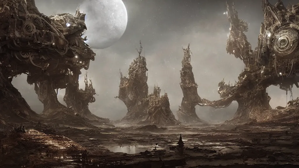 Prompt: eerie atmospheric alien world by yoann lossel and stephan martiniere, cinematic matte painting