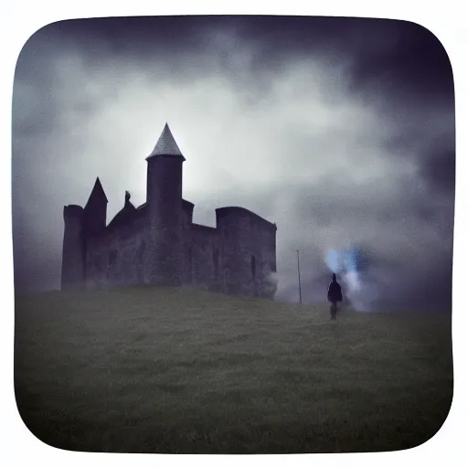 Image similar to a dark vallcy with a huge gloomy castle, fog. a little boy and a black cat