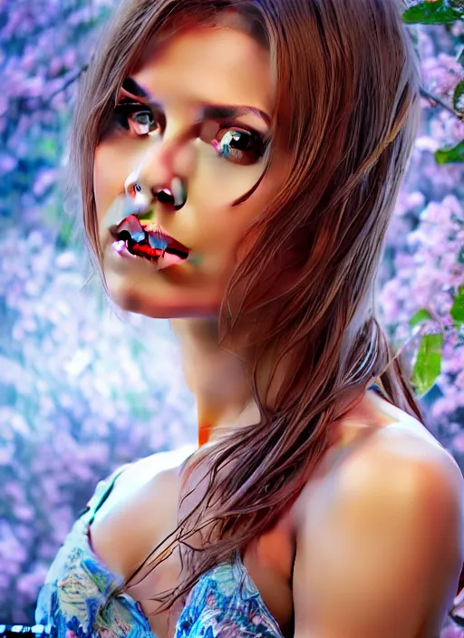 Image similar to photo of a gorgeous female in the style of stefan kostic, realistic, half body shot, sharp focus, 8 k high definition, insanely detailed, intricate, elegant, art by stanley lau and artgerm, extreme bokeh foliage