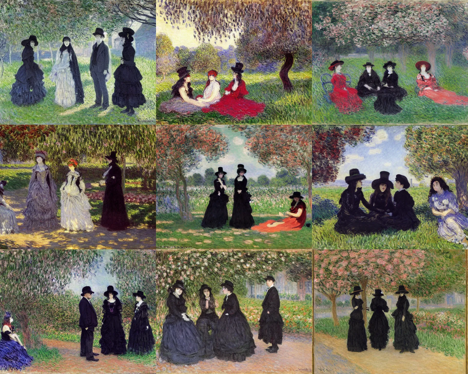 Prompt: hd art by claude monet. three goths loitering in the shade, talking beneath a cherry tree outside a blockbuster video store.