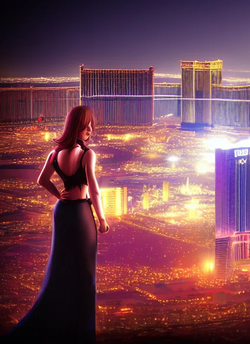 Image similar to full body portrait, duchess of blood, night shot of las vegas in background, highly detailed, CGsociety, subtle, concept art, HDR, hyper realistic, volumetric lighting, subsurface scattering, unreal