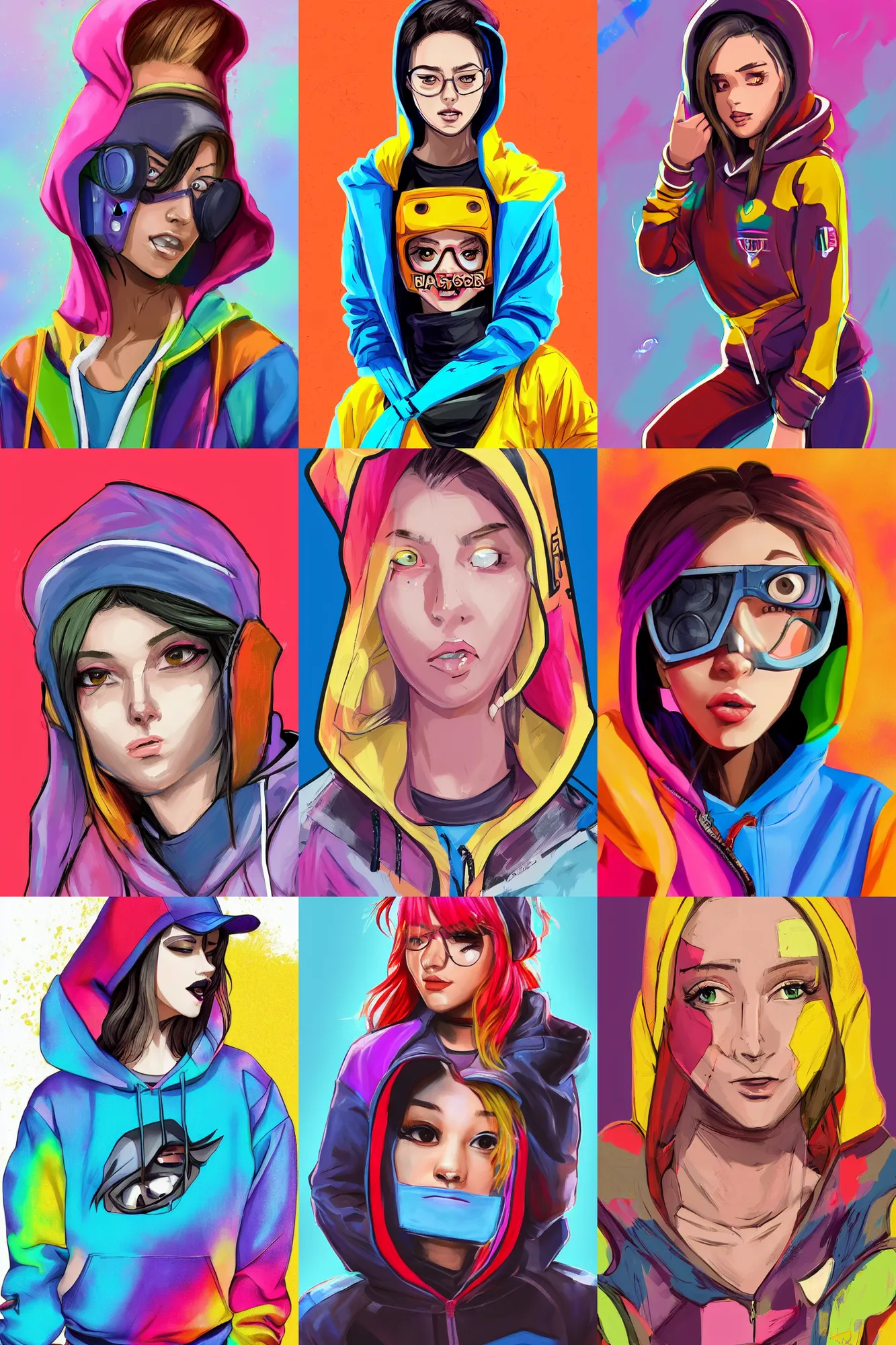 Prompt: a full body digital painting portrait of a single young woman dressed in 90s street clothing and a bright hoodie with face and body clearly visible by artgerm, overwatch, fornite, valorant, high quality, happy mood, artstation trending, vibrant colours, no crop, no helmet, no headgear, entire character, blank background, face visible, realistic proportions, SFW,