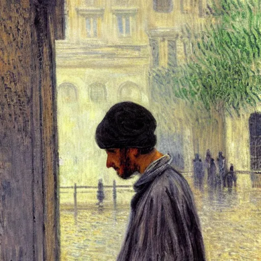 Prompt: painting of a guy with white hoodie and headphones at a bus stop in genoa rainy day by monet