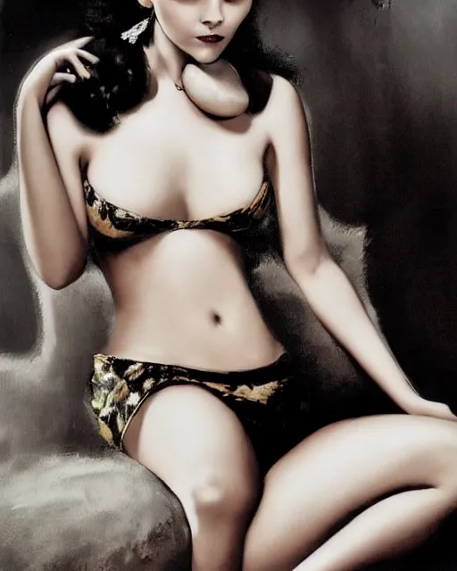 Prompt: christina ricci, gorgeous young bikini model, teenage, mixed media, victorian aesthetic. by rolf armstrong and alain aslan and mark arian..