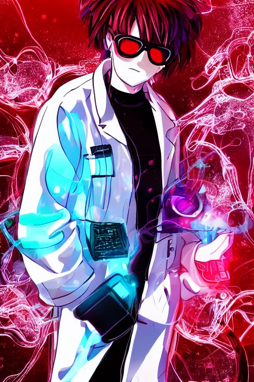 Prompt: full body anime portrait of a cool emo red hair white glasses dressed in a lab coat cinematic highly detailed 4 k neon background crack