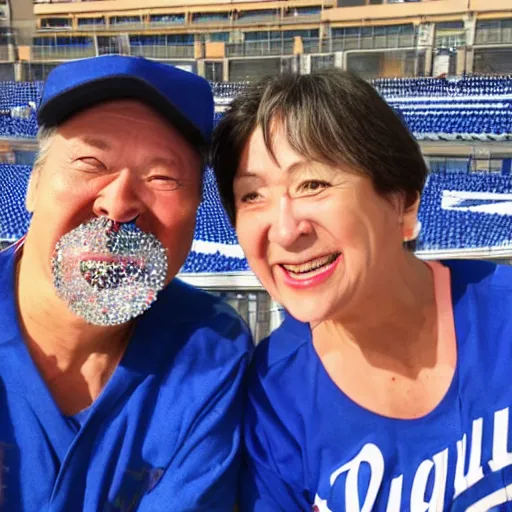 Image similar to a middle aged caucasian couple cheering on the Yokohama Baystars Japanese baseball team while drinking beer.