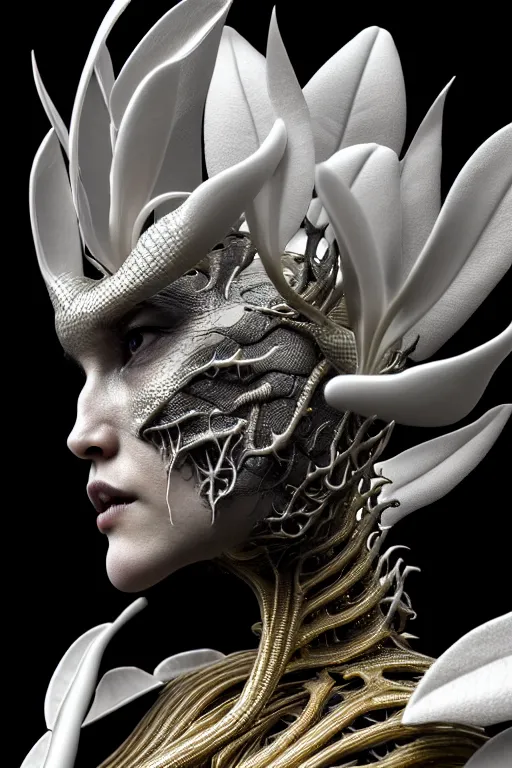 Image similar to bw close - up profile face, black background, beautiful young porcelain vegetal - dragon - cyborg - female, 1 5 0 mm, beautiful natural soft rim light, silver gold details, magnolia leaves and stems, roots, mandelbot fractal, elegant, ultra detailed, white metallic armour, octane render, h. r. giger style