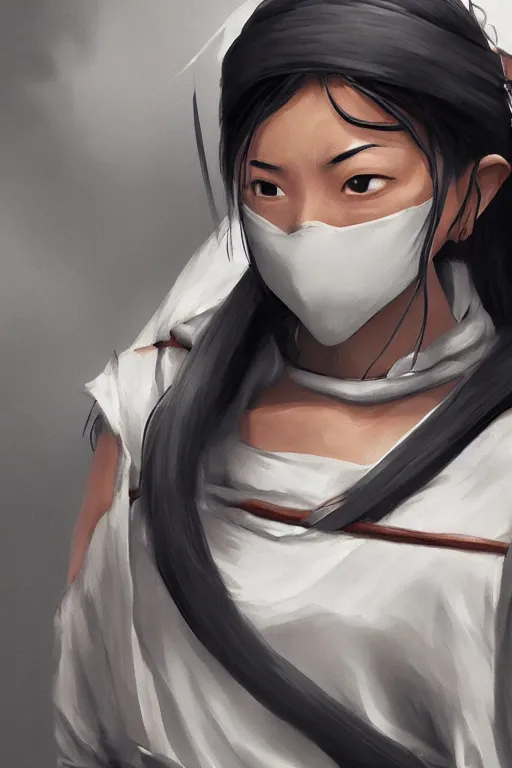 Image similar to native japanese young woman dressed like shinobi ninja, focused stare, partially masked, highly detailed, photorealistic render, digital painting, trending on artstation, character design, overcast weather