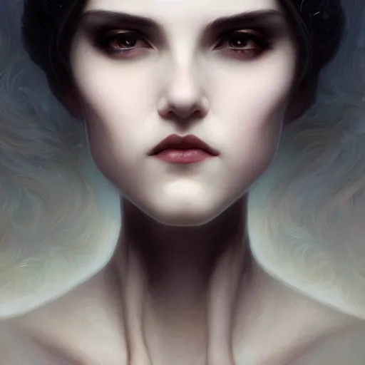 Image similar to Portrait of beautiful pale goth girl, cinematic lighting, intricate, elegant, highly detailed, digital painting, artstation, smooth, sharp focus, illustration, art by artgerm and greg rutkowski and alphonse mucha and Wayne Barlowe and william-adolphe bouguereau