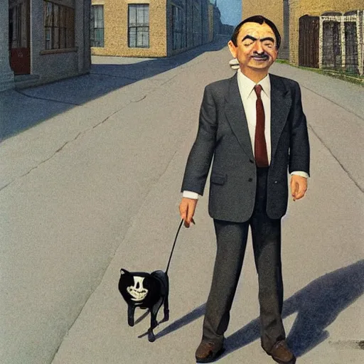 Prompt: mr. bean walks down a street on a sunny day by alex colville