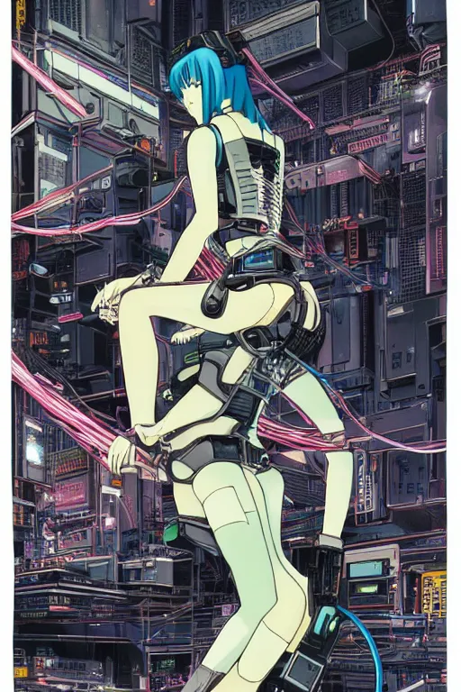 Image similar to awe inspiring cyberpunk anime style illustration of a. female android seated on the floor in a tech labor, seen from the side with her back open showing a cables and wires coming out, by masamune shirow and katsuhiro otomo, japan, 1980s, dark, colorful