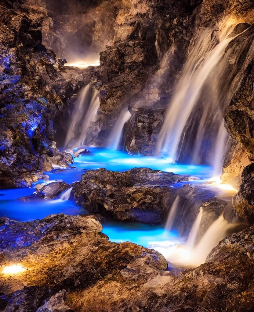 Prompt: endless waterfalls, obsidian cliffs, bright blue glowing water, night photography, magical