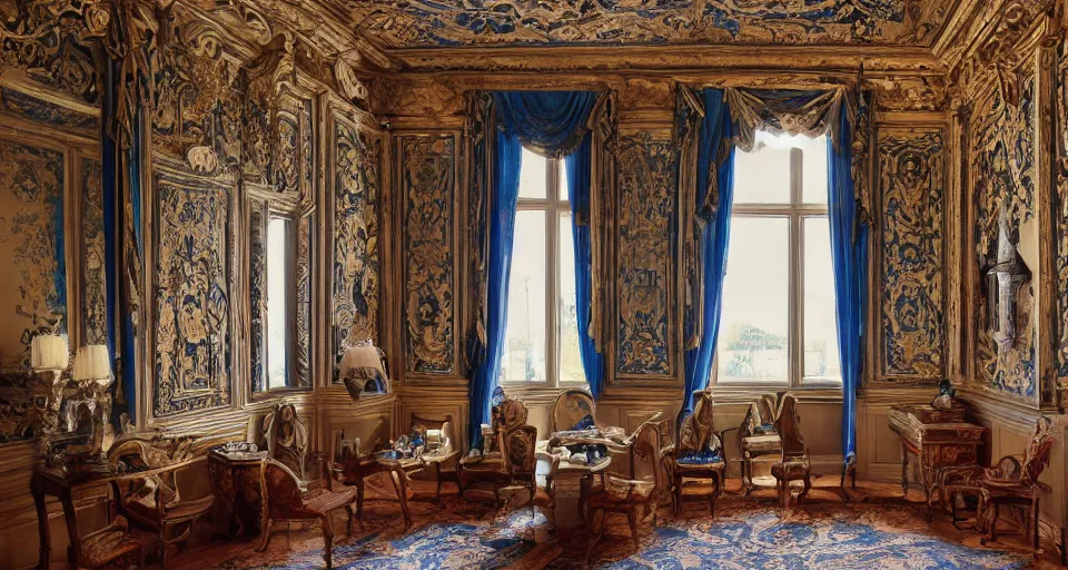 Prompt: view into an ornate baroque room with blue damask walls and dark mahogany floor and window looking out at a view of cliffs and sea