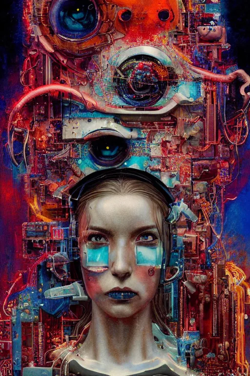 Image similar to portrait of computer & circuits, melting, nasa, 8 k, by tristan eaton, stanley artgermm, tom bagshaw, greg rutkowski, carne griffiths, ayami kojima, beksinski, giger, trending on deviantart, face enhance, hyper detailed, minimalist, cybernetic, android, blade runner, full of colour, super detailed