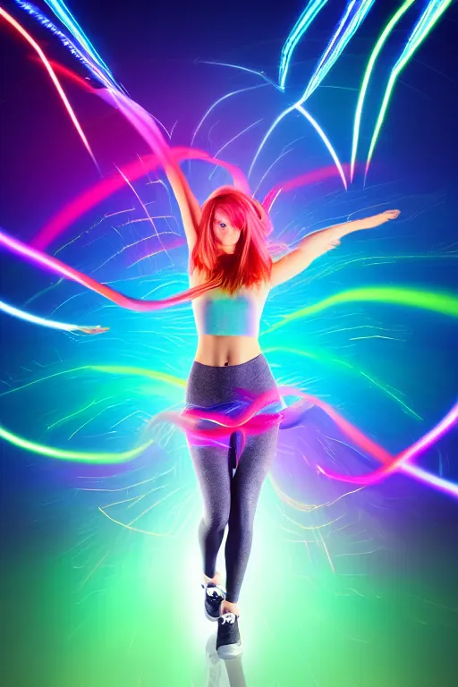 Prompt: a award winning half body portrait of a beautiful woman with stunning eyes in a croptop and leggings with reinbow colored ombre hairstyle head in motion and hair flying while dancing by thomas danthony, surrounded by whirling illuminated lines, outrun, vaporware, shaded flat illustration, digital art, trending on artstation, highly detailed, fine detail, intricate