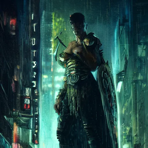 Prompt: a midieval warrior wearing tacos for armor, in the a blade runner like city, detailed, 4k,