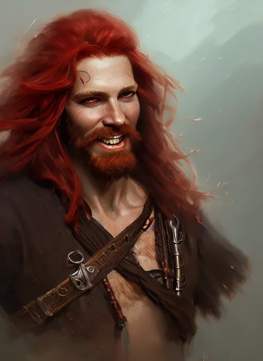 Prompt: portrait of a young ruggedly handsome but joyful pirate, male, masculine, full body, red hair, long long hair, d & d, fantasy, intricate, elegant, highly detailed, digital painting, artstation, concept art, matte, sharp focus, illustration, art by greg rutkowski