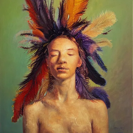 Image similar to a head covered in feathers, oil on canvas