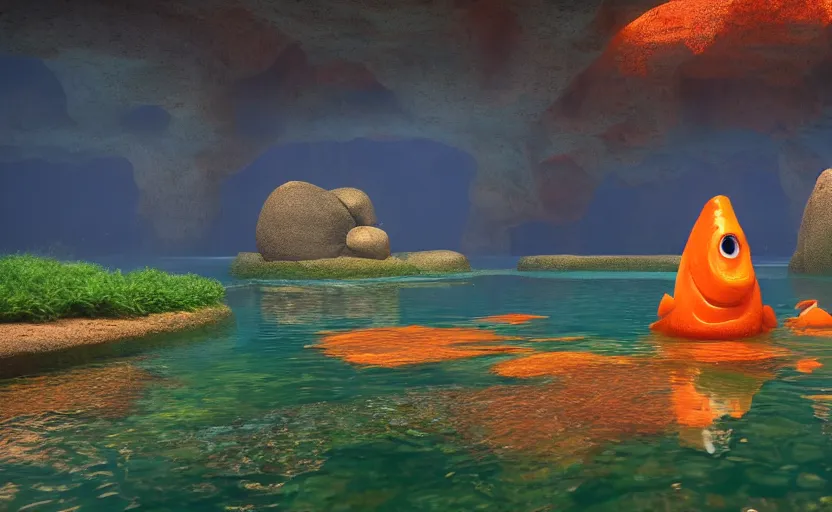 Image similar to a cave lake with some orange fish swimming inside, studio ghibli, pixar style, octane render, unreal engine 5, path traced, highly detailed, high quality, 8 k, soft lighting, godrays, complementary colors, natural lighting, water parallax, serene landscape, beautiful, elegant, digital painting