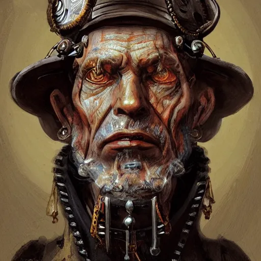 Image similar to portrait, headshot, digital painting, of a old 17th century, old cyborg merchant, amber jewels, baroque, ornate clothing, scifi, realistic, hyperdetailed, chiaroscuro, concept art, art by Franz Hals and Jon Foster